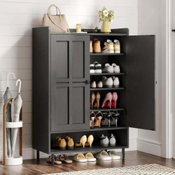 Shoe Cabinet with Cross Molding Doors, 6-Tier Shoe Storage Cabinet with 3 Adjustable Shelves and Metal Legs, 45'' Tall Shoes Rack Organizer Cabinet fo