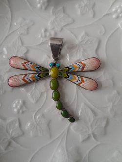 Vintage 925 Sterling Silver Dragonfly Pendant with Multi Color Micro Mosaic Inlay and Gemstones