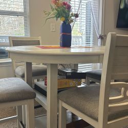 Round Dining Table With Four Matching Chairs And Accent Wall Clock 