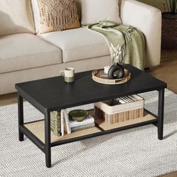 2-Tier Coffee Table for Living Room, with PVC Rattan Storage Shelf, Rounded Corners, Easy Assembly, Boho 