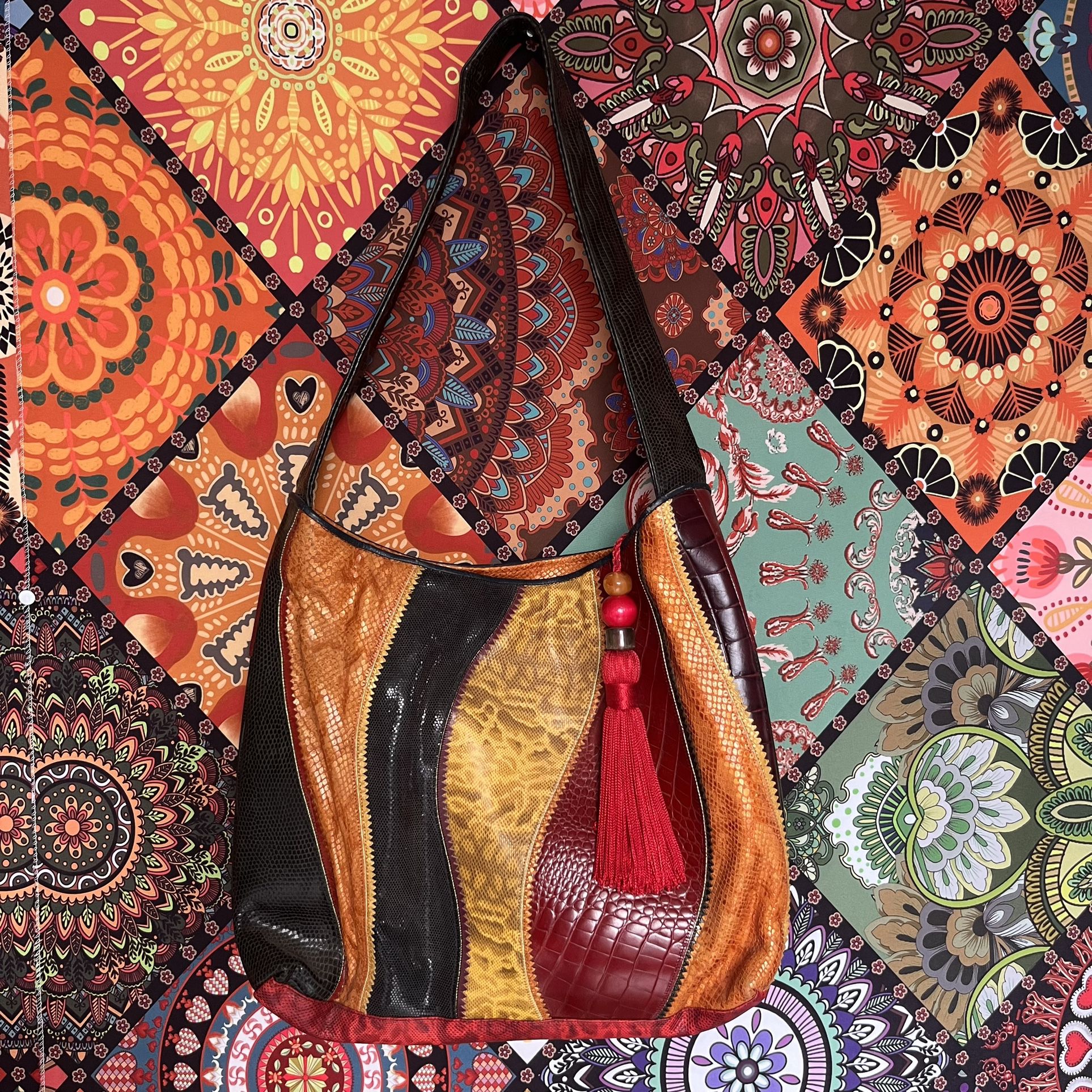 Sharif Leather Bohemian Leather Snakeskin Patchwork Reptile Handbag Multicolor
