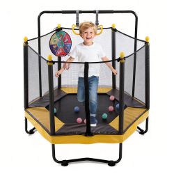 54 Inch Trampoline for Kids with Enclosure, Indoor & Outdoor Toddler Trampoline With Adjustable Gymnastics Bar , Ring ,Basketball Hoop , Boxing Bag an