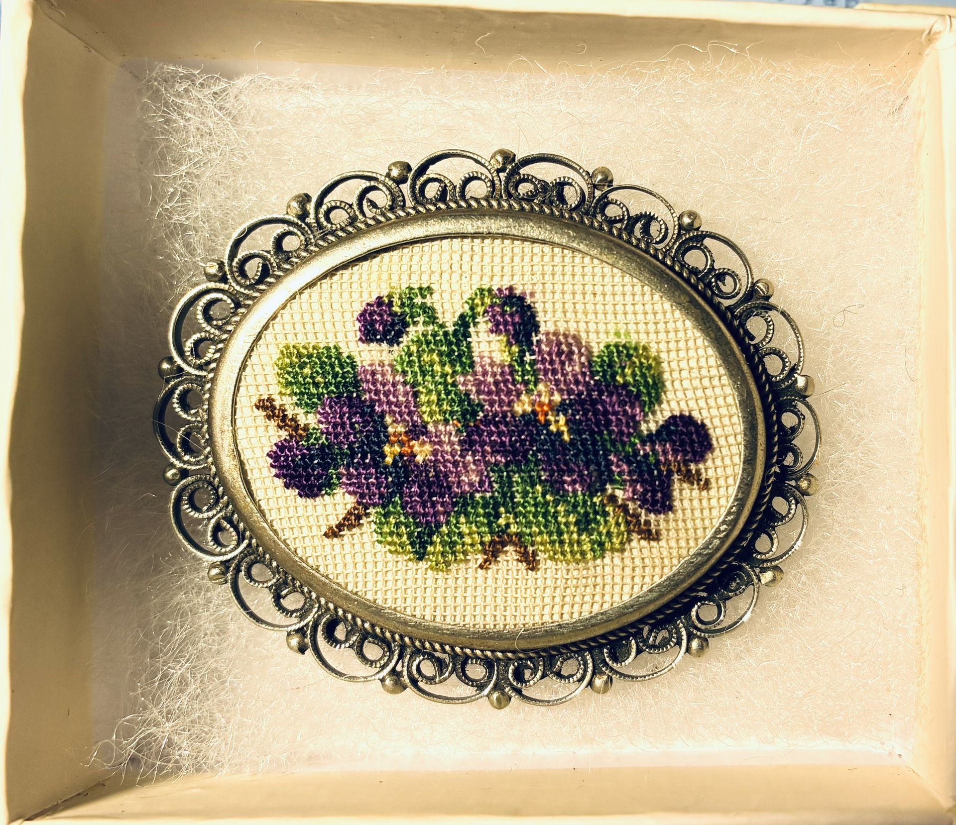 Needlepoint And Silver Pin