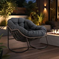 Outdoor / Indoor Brown Modern Metal / Rattan Papasan / Rocking Chair w/ Oversized Gray Weather Resistant Cushion [NEW] **Assembly Req 