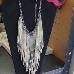 Statement Fringe Pearl Necklace Silver Tone Layered Bib Necklace