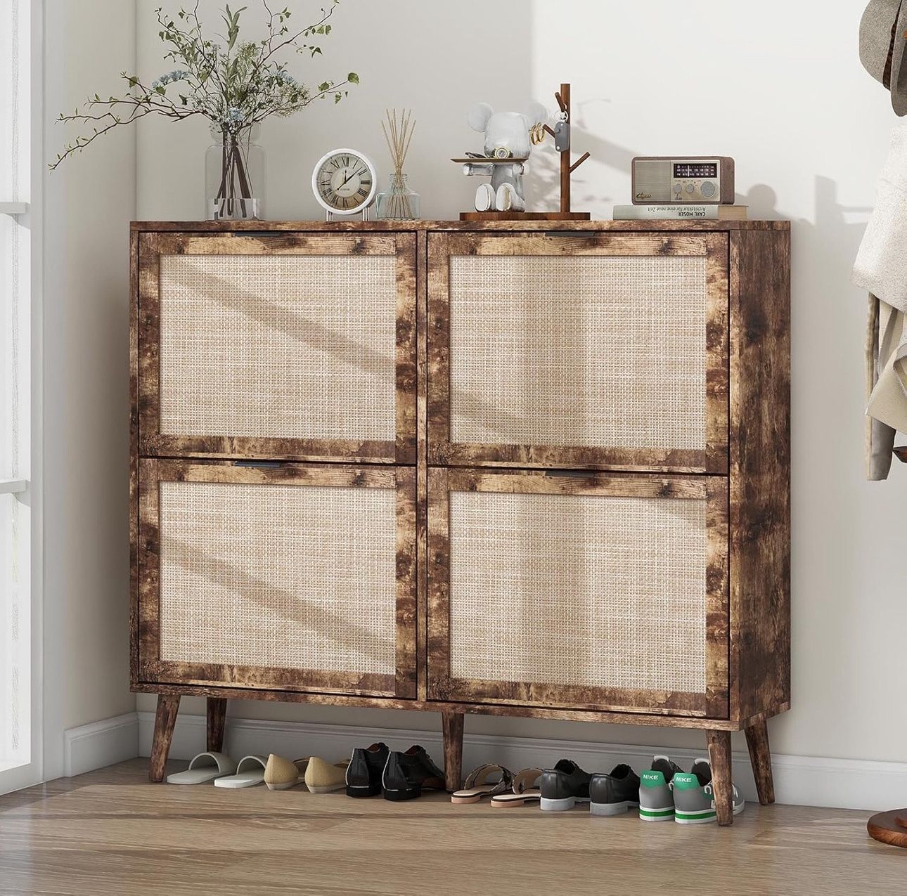 Shoe Cabinet with Flip Drawers - Rattan Shoe Cabinet Storage for Entryway, Rustic Narrow Hidden Shoe Rack with 4 Drawer, Boho Shoe Organizer Cabinet f