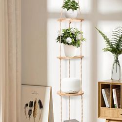 Hemp Rope Hanging Plant Shelf from Ceiling for Narrow Space Boho Hanging Plant Shelves, Natural Pine Wooden Plant Stand Display for Indoor, Outdoor, C