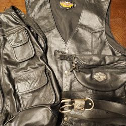 Harley Davidson Leather Vest, Fanny Pack, Belt And A Leather Shoulder Bag