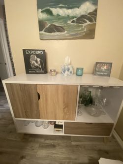 Bar side buffet table - white and wood, sturdy and in excellent condition
