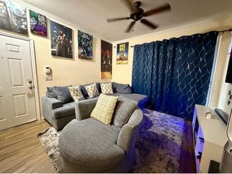 modern sectional + oversized swivel chaise & round chair
