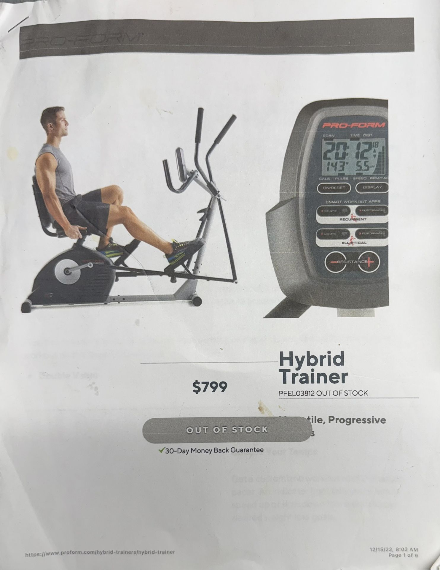 ProForm Hybrid Trainer Recumbent Bike/Elliptical