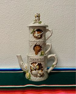 Vintage Ceramic Tea For Two Set Owl Marks & Rosenfield Enesco 1977 Japan E-9202