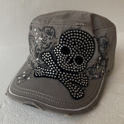 LEADER Loga Distressed Gray Cadet Hat Cap With Rhinestones Skull/Crossbones Size Adjustable