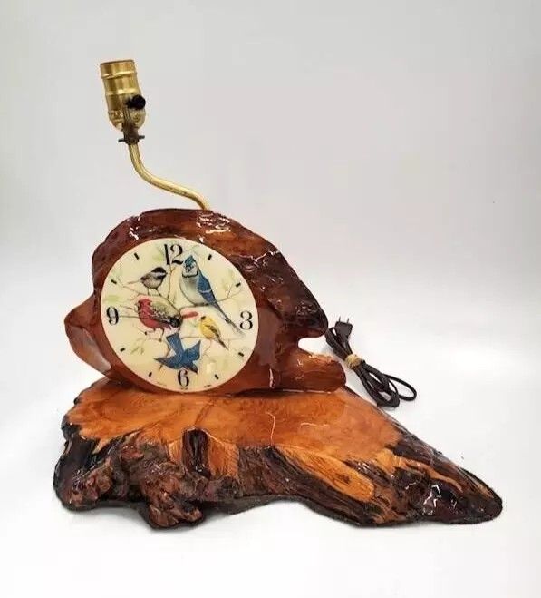 Vtg Acurite Wood Log Bird Table Lamp Clock USA