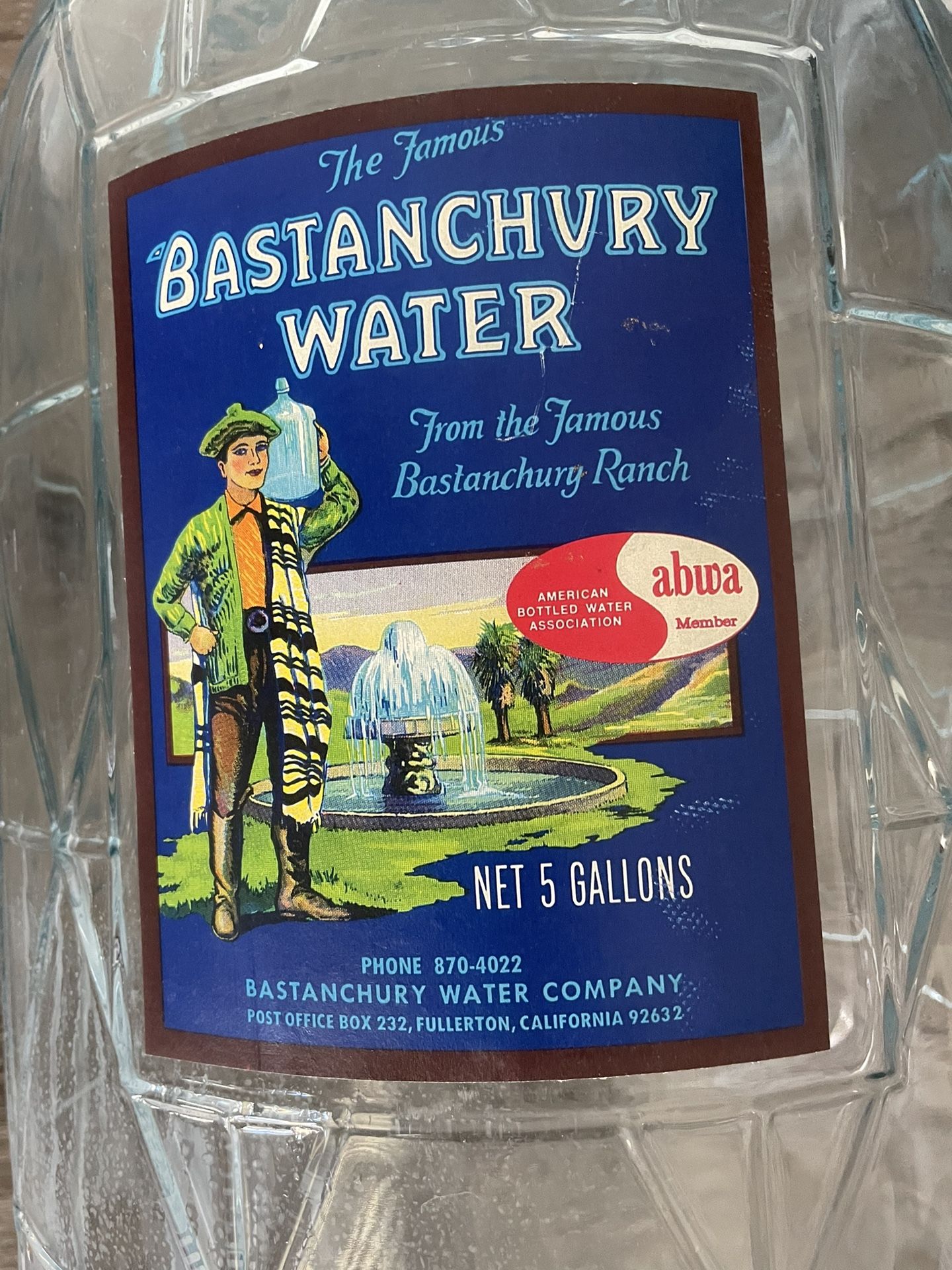 Vintage Bastanchury 5 Gallon Glass Water Bottle