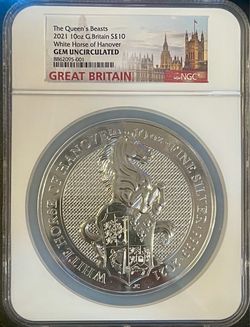 2021 Great Britain 10oz Silver Queen's Beasts White Horse of Hanover NGC Gem Uncirculated