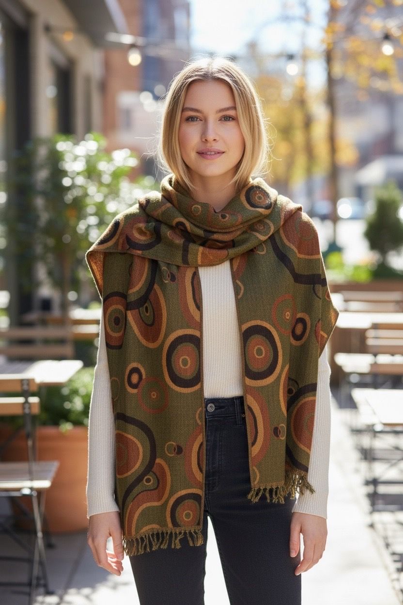 Pashmina Scarf Wrap Shawl Heather Black with Colored Circles 28”x 74” Gorgeous, Fringed.