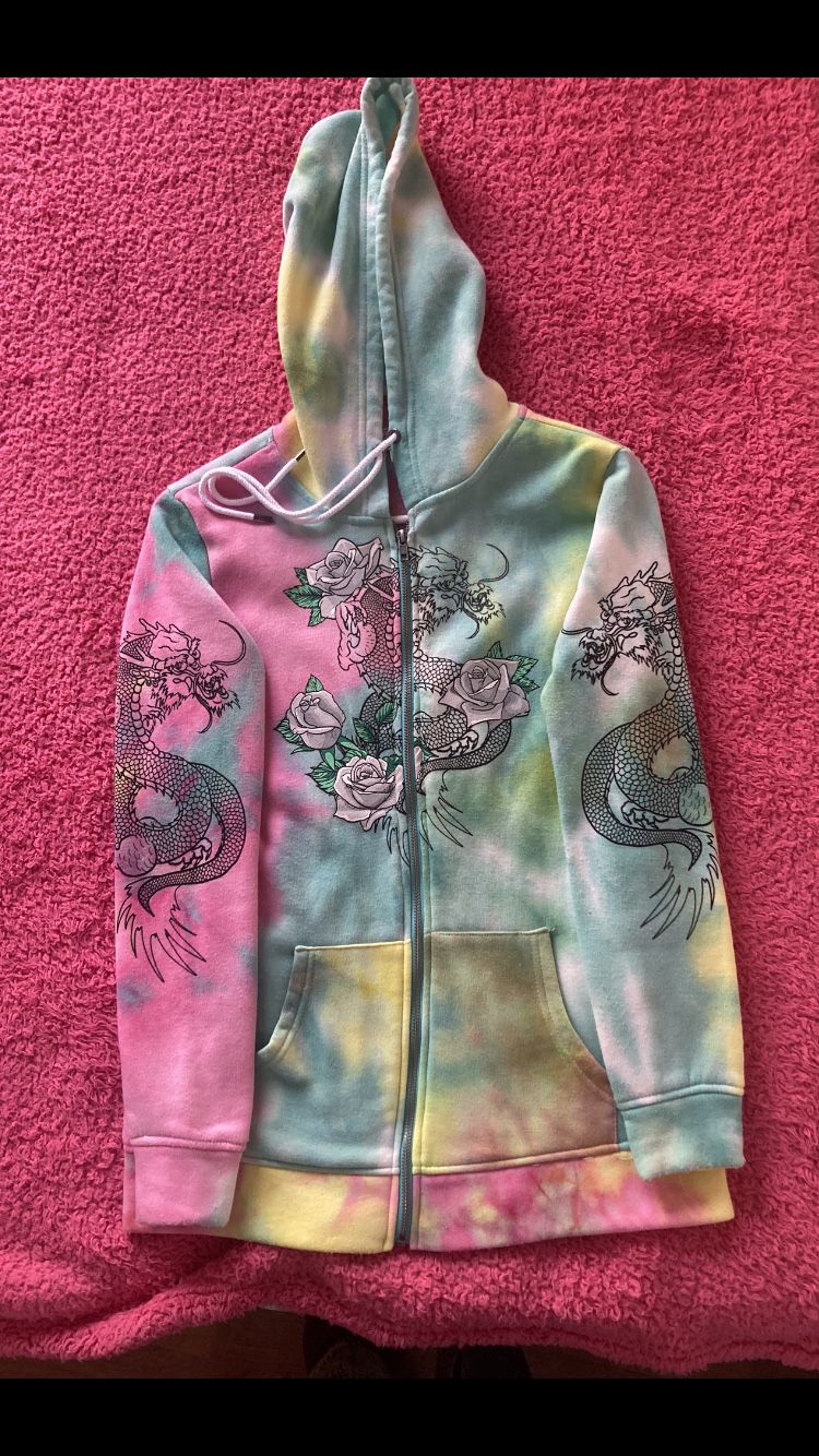 Tie Dye Zip Up Sweatshirt. Dragons and Roses Designs. Size Small (Used) 