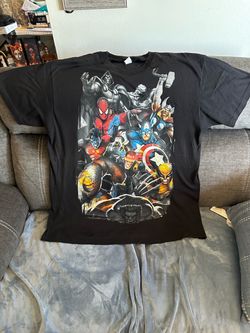 Vintage Y2K Marvel Mad Engine Character Collage T-Shirt Black 2XL Spider-Man Wolverine