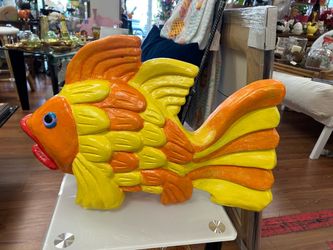 Vintage 23” Yellow &Orange  Plaster Goldfish statue