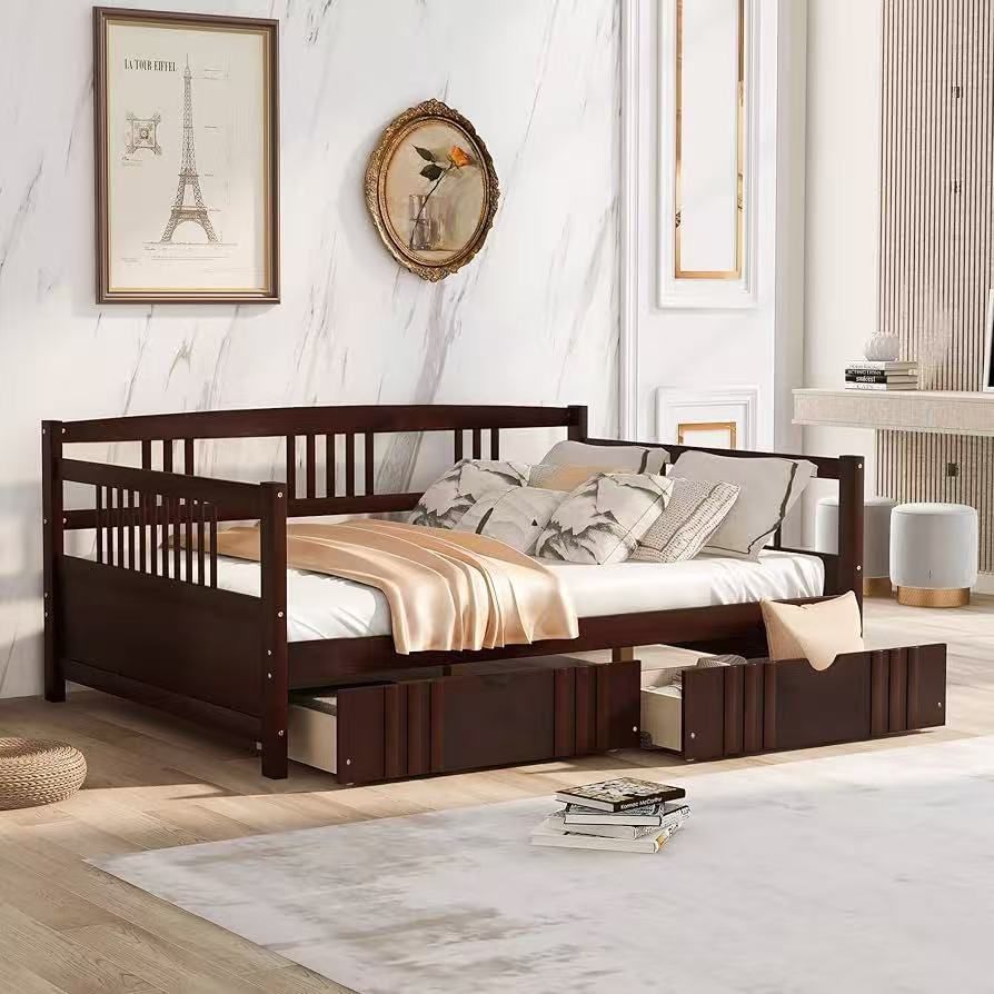 Full-size wooden Bed with two storage drawers and 10-slat wooden $170