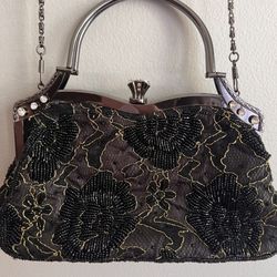  Vintage Bag, Beautiful Beaded Black With Gold And Lace Bag