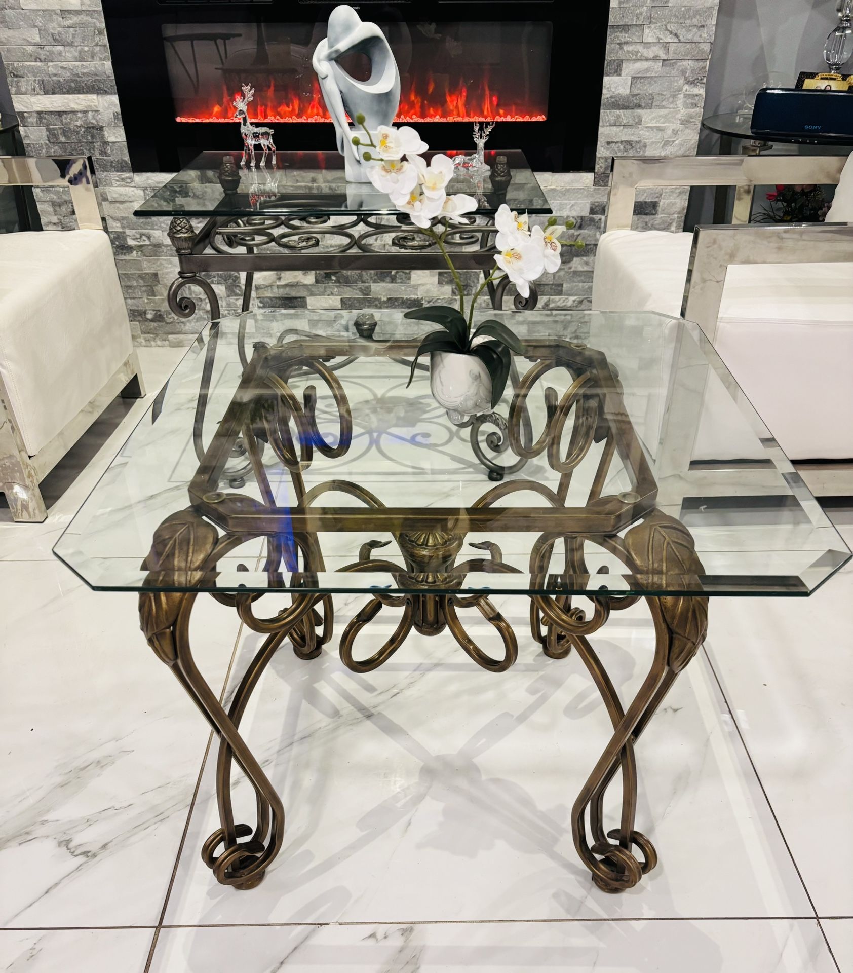✨ Elegant Ornate Square Glass Table – Beautiful Bronze Metal Base ✨