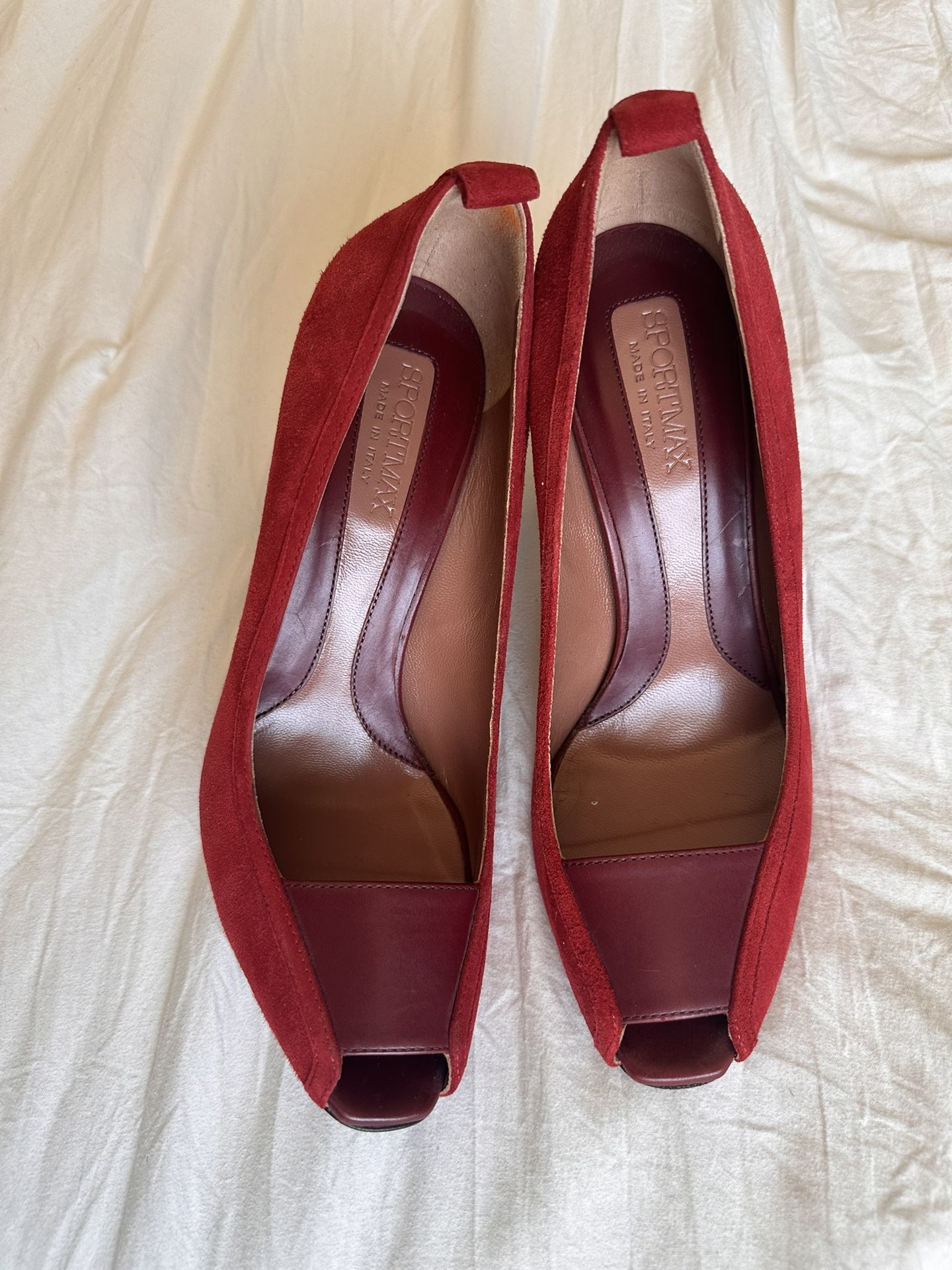Sportmax Women’s Red Suede Leather Peep Toe Heels, Size EU 38 1/2, US 8 1/2