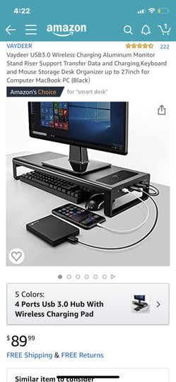 Vaydeer USB3.0 Wireless Charging Aluminum Monitor Stand Riser Support Transfer Data and Charging,Keyboard and Mouse Storage Desk Organizer up to 27in