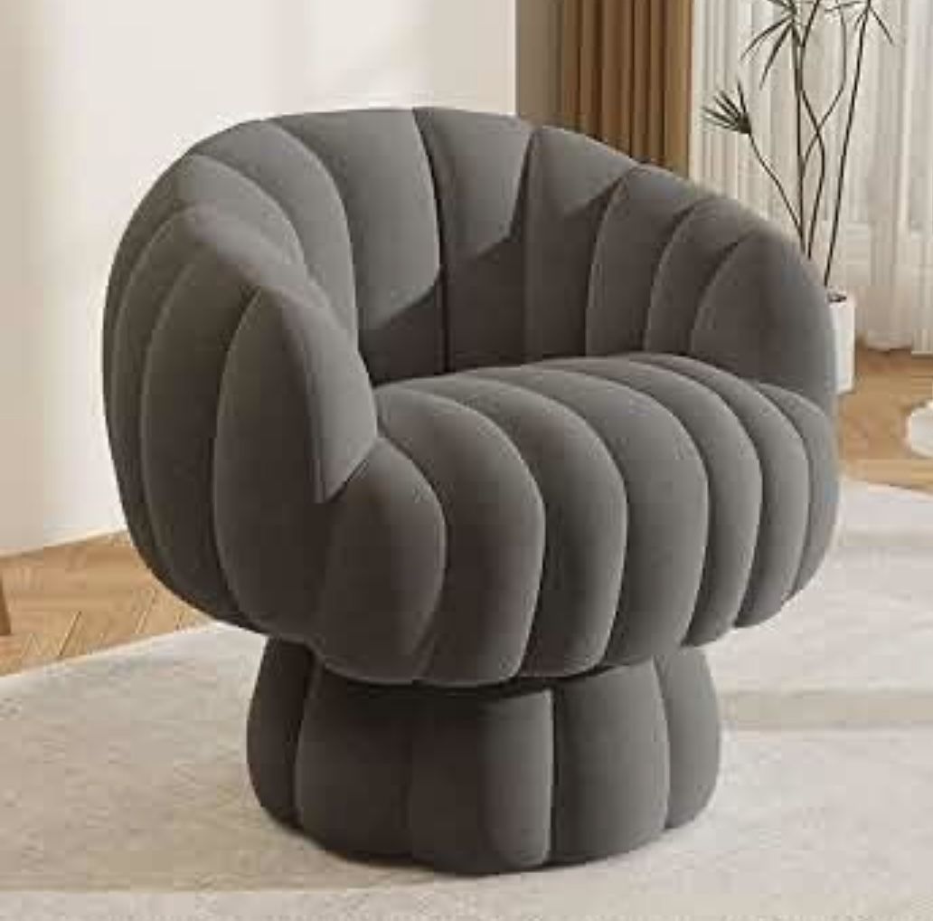 Mid Century Modern 360 Degree Barrel Swivel Accent Sofa Chair,Fluffy Velvet Fabric Lounge Wide Upholstered Pumpkin Reading Chair, Round Cloud Armchair