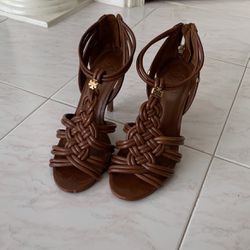 Tori Burch Woven Leather Heeled Sandals