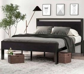 14 Inch Full Size Metal Platform Bed Frame with Wooden Headboard and Footboard, Mattress Foundation, No Box Spring Needed, Large Under Bed Storage, No