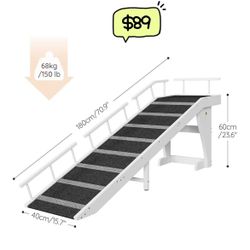 😀 70.9"Wx 15.7"Dx 23.6"H HOOBRO Dog Ramp for Bed, Large Wooden Pet Ramp for Dogs with Non-Slip Carpet Surface, Safety Rails, and Top Platform, White 
