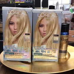 l'oréal high lift blonde multi faced shimmering colour dye//l'oréal elnette latin extra strong hold humidity resista hairspray