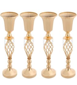 4pcs of Elegant Metal Gold Vases: Beaded Crystal Trumpet Vases
