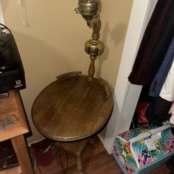 Vintage  Wood Table Lamp With Brass Arm