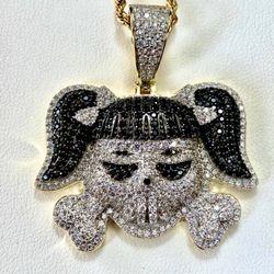 Italy 925 Sterling Silver Custom SKULL 14K Gold 5X Layered Iced Pendant, Stainless Steel Rope Chain 16”-24” Inches Set