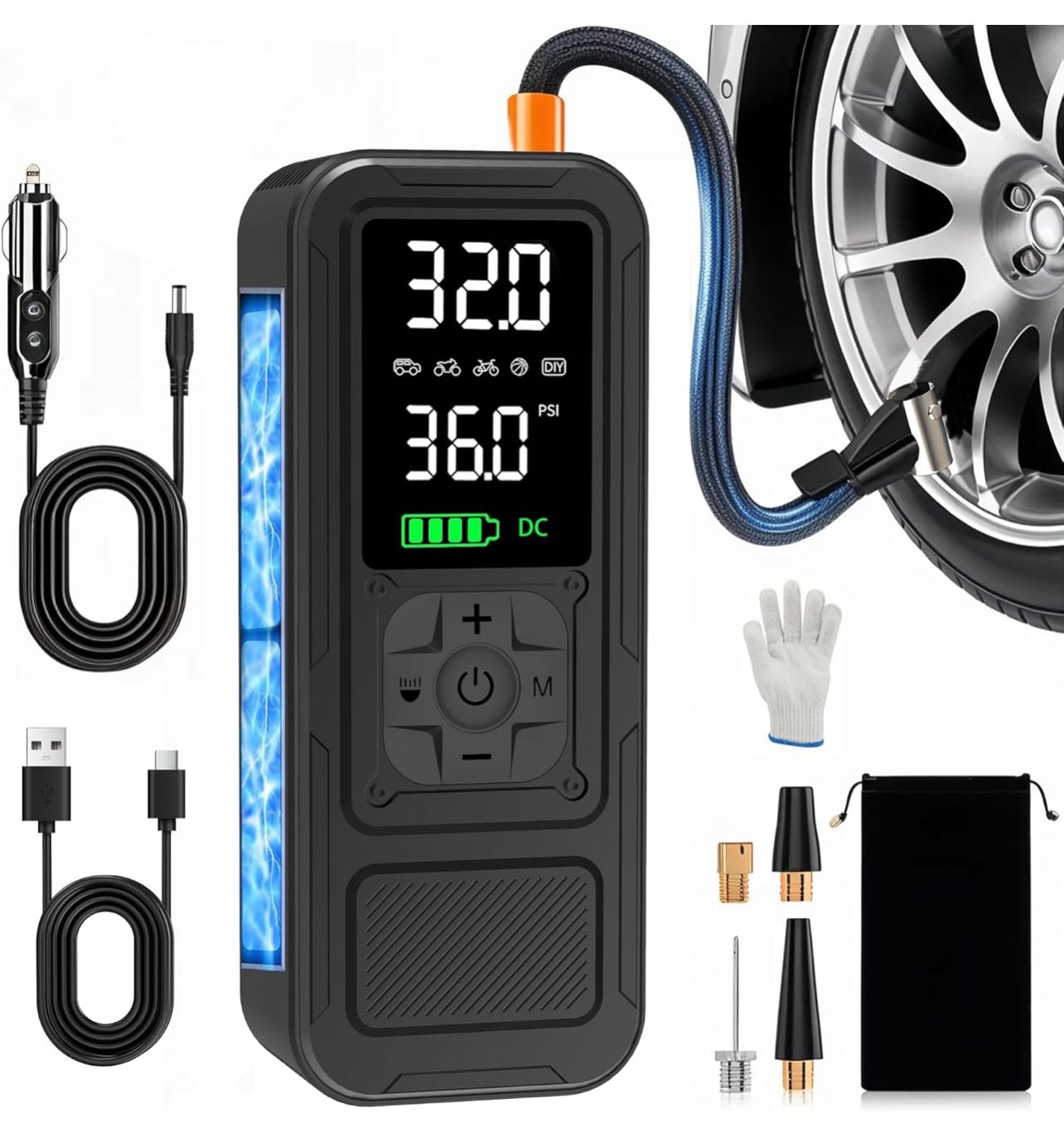Tire Inflator Portable Air Compressor,4X Faster Inflation,6000mAh Cordless/12V DC 150PSI Air Pump for Car Tires with Digital Pressure Gauge/LED Light 