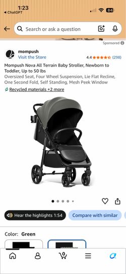 Brand new green Mompush Nova All Terrain Baby Stroller, Newborn to Toddler, Up to 50 lbs Oversized Seat, Four Wheel Suspension, Lie Flat Recline, One 