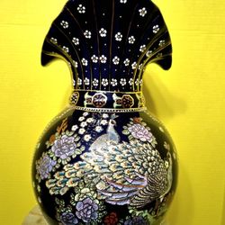 Vintage Hubbard Collection Porcelain Peacock Vase 14" Handpainted Blue Flowers Scalloped Edge 