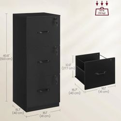 VASAGLE 3 Drawer File Cabinet with Lock - Black
