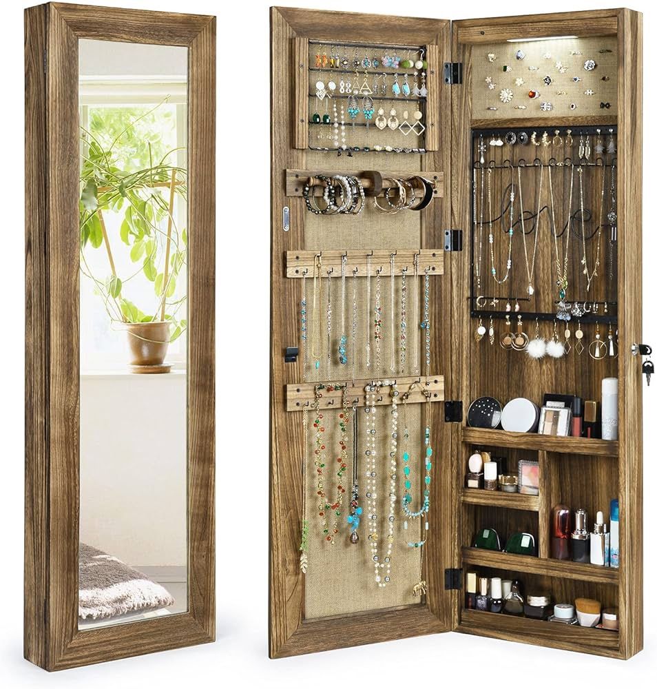 solid wood auto led light jewelry armoire storage cabinet mirror | over the door or wall mount