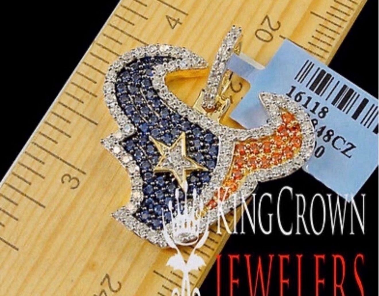 Houston Texans Real Yellow Gold Silver Football Simu Diamond Pendant...