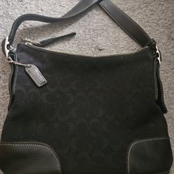 Vintage Coach Medium Black Canvas/Leather Shoulder Bag Zip Tote