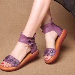 Genuine Leather High Quality Wedges Flat Gladiator Sandals Women Ankle Wrap With Flowers Sandals Shoes Boots