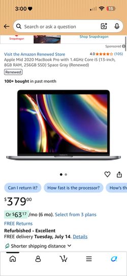 Apple Mid 2020 MacBook Pro with 1.4GHz Core i5 (13-inch, 8GB RAM, 256GB SSD) Space Gray (Renewed)