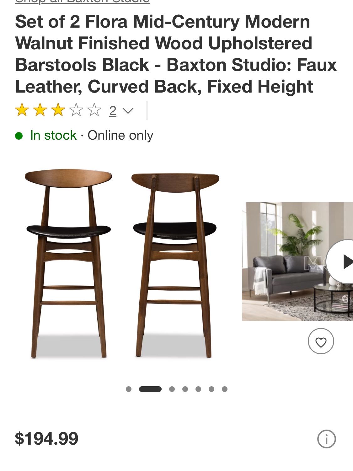Baxton Studio Flora Mid-Century Faux Leather Bar Stool with Back, Black and Walnut Brown, 2-Pieces (144-2P-8074-HIT)