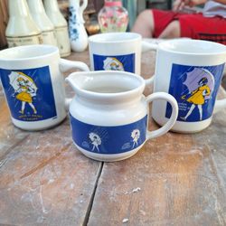 Vintage Creamer & Sugar with Lid, Morton Salt Girl 3 Coffee Cups Vintage Japan
