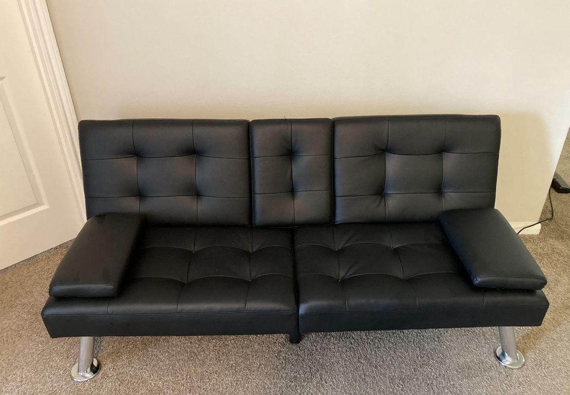 Flamaker Futon Sofa Bed Modern Folding Futon Set Convertible Recliner Lounge for Living Room with 2 Cup Holders, Removable Armrests (PU Leather, Blac 