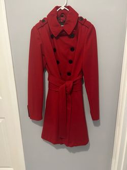 Red Double-Breasted Belted Trench Coat